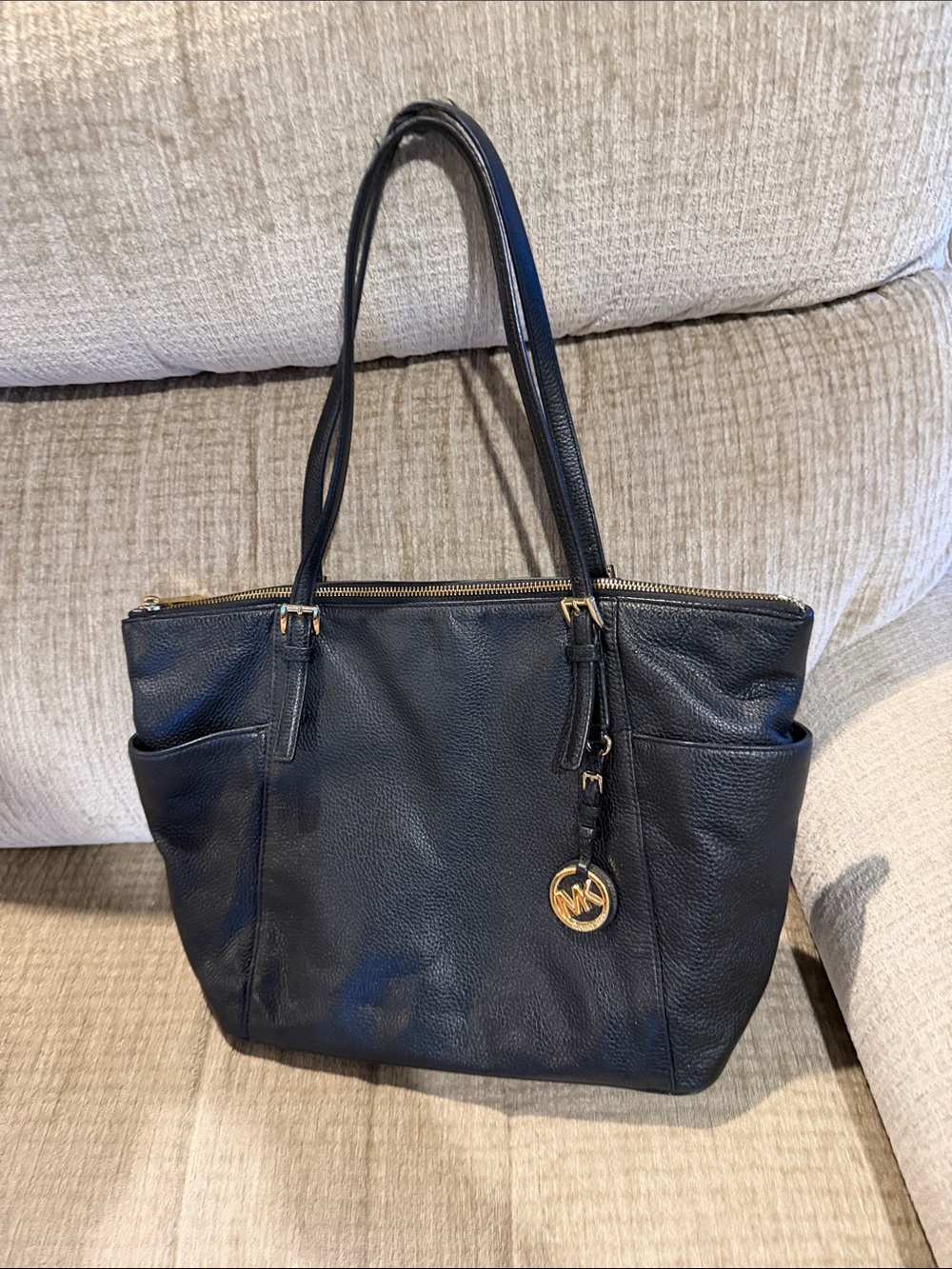 Michael Kors Black Leather Shoulder Tote with Gold MK Charm